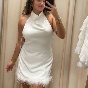 White Bridal Halter Neckline Mini Dress with Feather Trim - Size L